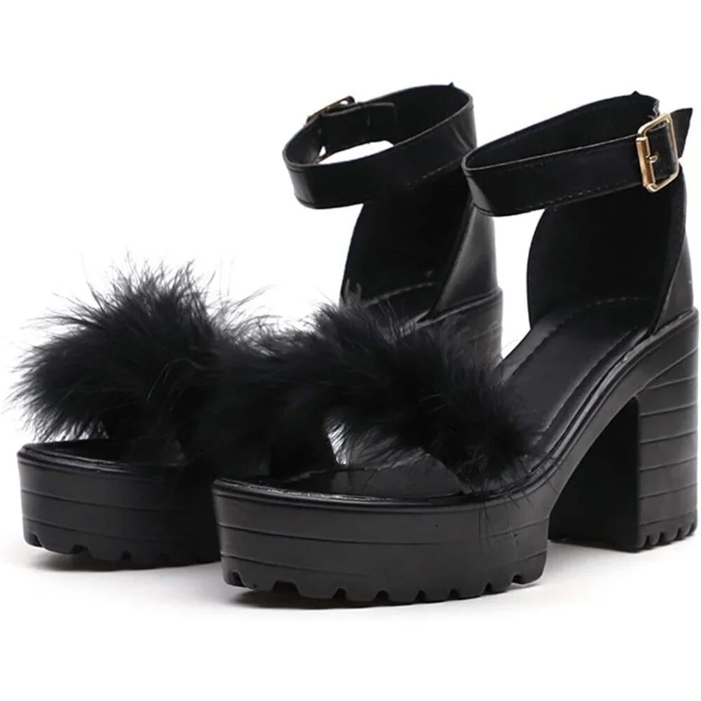 Chunky Platform Ankle buckle Feather embellished heels size 41 or US 9